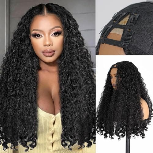 Beautier Afro V Part Wigs for Black Women 24 Inch Wear and Go Glueless Wig with Unique Bouncy Curls in the End Soft Full Hair V Part Wigs Synthetic No Leave out Clip in (Natural Black) - Image 1