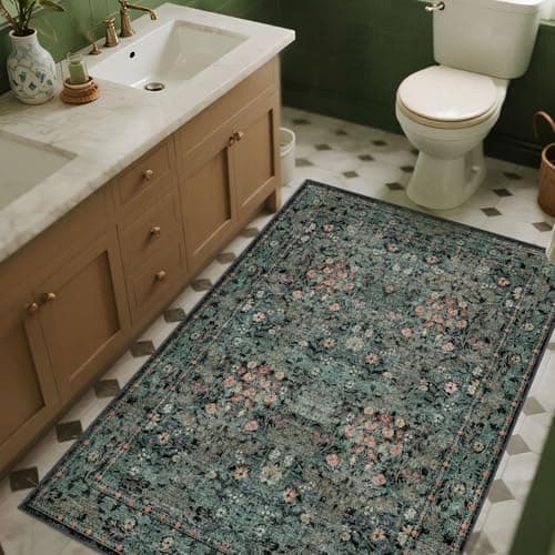 Large Moody 3x5 Rugs for Entryway Indoor, Dark Green Washable French Country Inspired Non Slip Area Rug for Dorm, Kitchen, Bedroom Bedside, Foyer, Laundry Room - Boho Distressed Floral Front Door Mat - Thumbnail 5