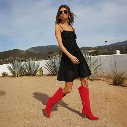 VOMIRA Red Cowboy Boots for Women Pointed Toe Embroidered Wide Calf Cowgirl Boots Western Knee High Cowboy Boots Women - Thumbnail 3
