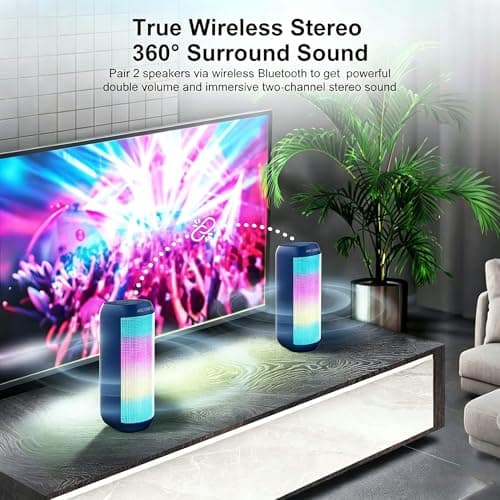 ANCOBER Bluetooth Speaker, Portable Wireless Speaker with HD Crystal Stereo Sound, LED Lights, IPX4 Waterproof, TWS Pairing, BT5.3, Electronics Gadget for Home/Party/Outdoor/Camping, Gifts (Jeansblue) - Thumbnail 4