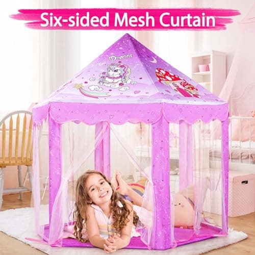 Monobeach Princess Tent Girls Unicorn Large Playhouse Kids Castle Play Tent with Star Lights Gift Toy for Children Indoor and Outdoor Games, 55'' x 53'' (DxH) - Thumbnail 3