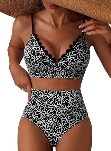 Herseas Women's Embroidered Flowers 2 Pieces Black Bikini Sets Scalloped V Neck Push Up Swim Suits 2026 High Waisted Lace Up Back Bathing Suits Sexy Cruise Essentials X-Small - Image 1