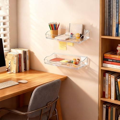 4 Packs Clear Floating Display Shelves for Wall, Clear Acrylic Card Display Shelf Room Decor for Doll Figurine/Book/Photo/Makeup in Living Room, Bedroom, Kitchen Storage and Bathroom Wall Organizer (4) - Thumbnail 5