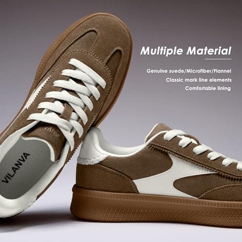 Vilanva Women's Fashion Sneakers Casual Tennis Shoes with Genuine Suede Classic Retro Gum Sole Walking Trendy Footwear Dark Taupe Multi - Thumbnail 4