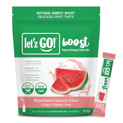 Let'z Go Clean Energy Drink Mix – Natural Caffeine Packets, Vitamins C + D, Electrolytes, Sugar-Free, Zero Calories | Anytime Energy | 15 Count (Watermelon) - Image 1