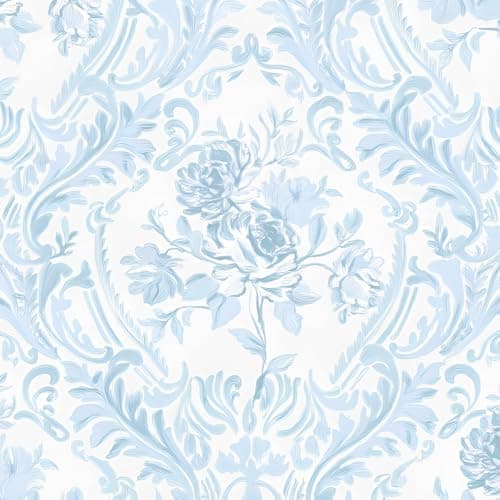 Floral Wallpaper Peel and Stick Vintage Flower Contact Paper Boho Watercolor Blue Damask Wall Paper Textured Removable Vinyl Self Adhesive Waterproof for Bedroom Renter Friendly Decor 17.5" X 393.7" - Image 1