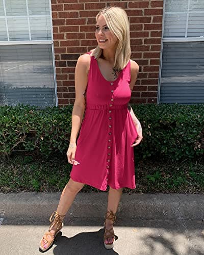 BTFBM Women Sleeveless Summer Dress 2025 Crewneck Ribbed Knit Ruffle Swing Button Down Beach Sun Mini Tank Short Dresses(Buttons Rose Red, Medium) - Thumbnail 6