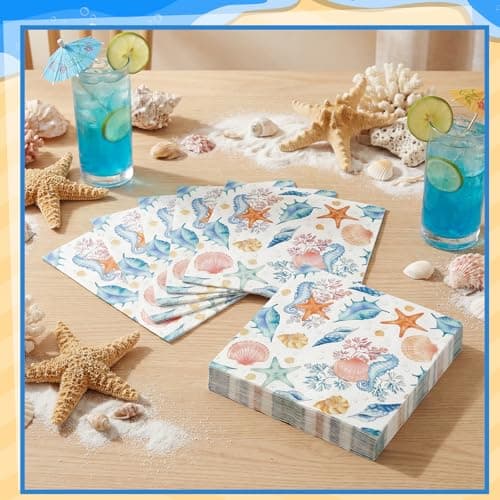 NatNarr 50 Pcs Seashell Napkins 6.5 Inch Vintage Coastal Beach Paper Napkins Blue Seahorse Starfish Conch Ocean Nautical Beverage Party Napkin for Summer Pool Coastal Wedding Decoupage, 2-Ply - Thumbnail 3