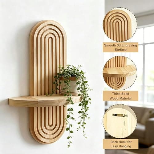 Natural Solid Wood Arched Wall Mount Shelf, Floating Decor Display Shelving for Succulents, Mini Plants, Home Decor & Bathroom Small Ornaments (Natural, 11.8" X 7.8") - Thumbnail 4