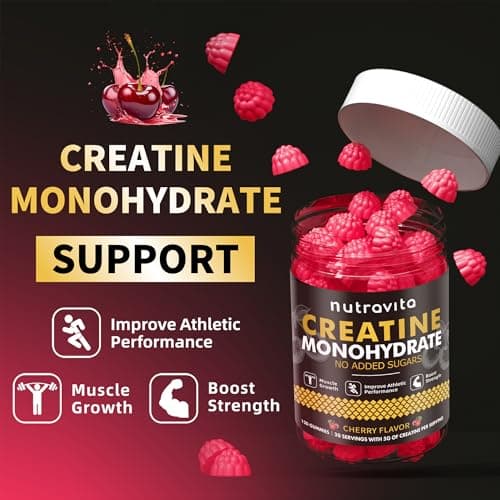Nutravita NSF Certified Creatine Gummy - Creatine Monohydrate Gummies for Men & Women-5g of Creatine Monohydrate per Serving - Sugar Free,Vegan, Cherry Flavor, 120 Count - Thumbnail 5