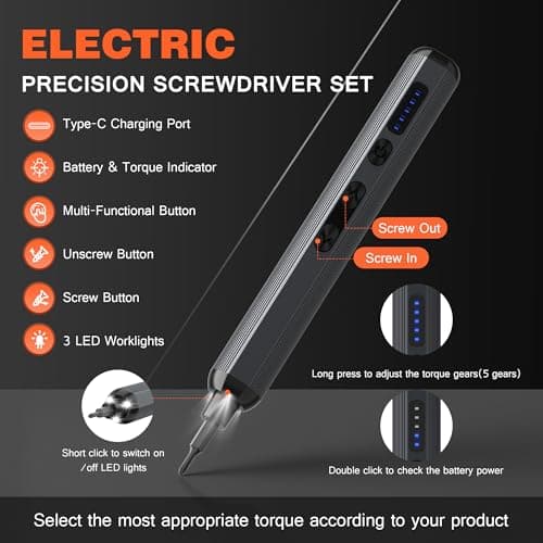 138-IN-1 Electric Screwdriver Set Cordless, Rechargeable Screw Driver with LED Light, 120 Precision Bits, Magnetic Storage Professional Home Repair Tool Kit for Electronics, Camera, Watch, PC RC - Thumbnail 6