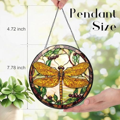 Zizzie Dragonfly Plant Suncatcher -7.9 in Stained Glass Window Hanging Sun Catcher Garden Decor - Thumbnail 3