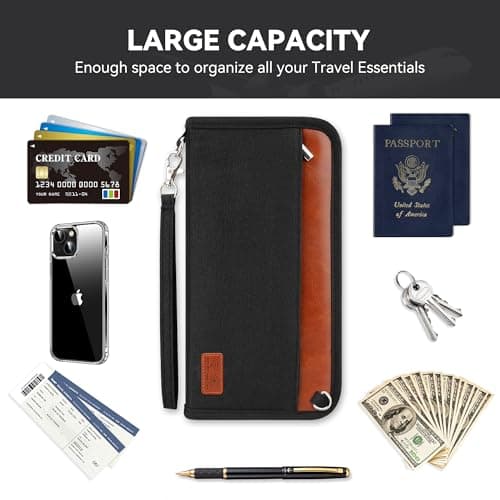 HOOMIL Family Passport Holder, Premium Travel Document Organizer Capacious RFID Passport Wallet, Supports 4-5 Passports, 9.8" x 5" - Black/Brown - Thumbnail 3