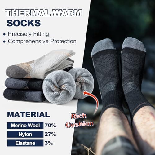 BISOUSOX Thin Merino Wool Socks for Men, 70% Premium Wool Crew Dress & Light Hiking Socks, Moisture Wicking, 3 Pairs - Thumbnail 6