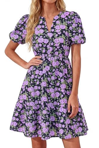 dowerme Women Summer Casual Dresses 2026 Puff Short Sleeve V Neck Floral Boho Midi Dress Flowy Ruffle Spring Sundress(Floral Purple,X-Large) - Image 1