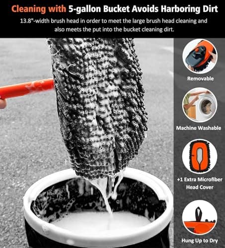 YeewayVeh 55" Car Wash Brush Mop with Long Handle, 15 Degree Curved Extendable Car Wash Brush with Extra Microfiber Mop Head, Soft Car Washing Brushes with Storage Bag for Truck SUV Cleaning, Orange - Thumbnail 3