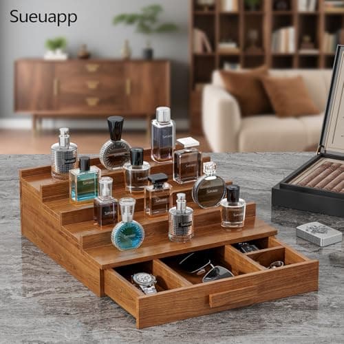 Sueuapp Cologne Organizer for Men,4 Tier Walnut Wood Cologne Stand,Cologne Shelf Display Holder with Hidden Storage and Drawer,Perfume Stand Organizer Great Gifts for Men - Thumbnail 6