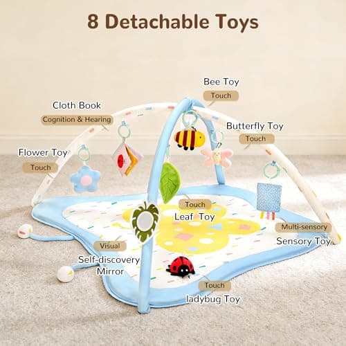 Pamo Babe Baby Play Gym & Activity Mat, Tummy Time Mat with 8 Montessori Toys, Non-slip Foldable Baby Playmat for Stage-Based Development, Machine Washable Baby Gym Play Mat for Newborn Essential Gift - Thumbnail 2