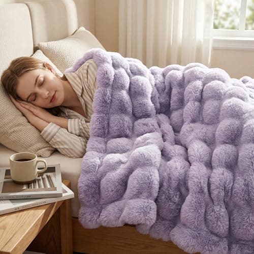 DREAMNINE Soft Faux Bubble Rabbit Fur Throw Blanket for Couch, Thick Cozy Decorative Warm Fuzzy Fur Blanket for Sofa Chair Bedroom Living Room Dorm Gift, 50 * 60 Inches, Lilac Purple - Image 1