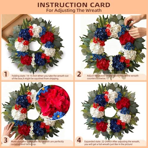 WANNA-CUL 250th Year Patriotic Wreaths for Front Door Decorations, 24 Inch 4th of July Hydrangea Wreath, Red White Blue Spring Door Wreath for Independence Day, Memorial Day for Indoor Outdoor Decor - Thumbnail 3