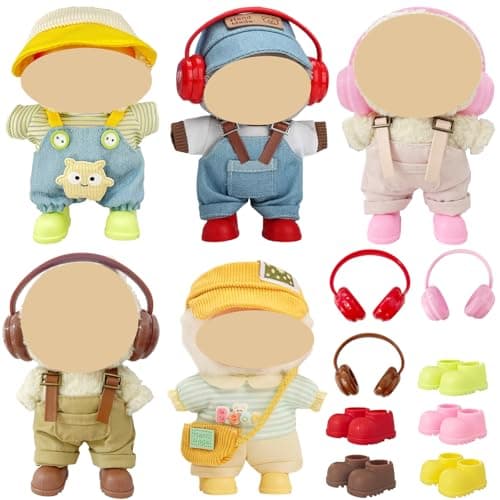 Ezcora 17cm Doll Clothes Overalls Outfit Set, Include 5 Styles with Hats, Headphones, Shoes and Bag, Cute Dress Up Accessories for Doll Play and Display, (No Dolls) - Image 1