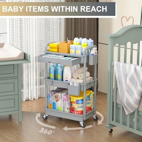 Goovilla 3 Tier Rolling Utility Cart Organizer with Removable Drawer, Stable and Sturdy Grey Rolling Storage Carts with 2 Lockable Wheels for Bathroom, Kitchen, Snack, Craft, Makeup, Baby Essentials - Thumbnail 6