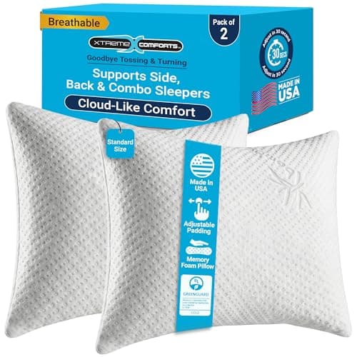Xtreme Comforts Memory Foam Pillows |GREENGUARD Certified Adjustable Shredded Foam Fill for Personalized Support |Bed Pillows for Side,Back & Stomach Sleepers |Removable Cover |2 Pillows Standard Size