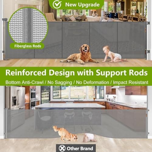 Reinforced 42" Extra Tall Pet Gate 155" Extra Wide Retractable Baby Gate with Support Rods - Prevent Crawling Under, Indoor/Outdoor Mesh Safety Gate Extra Wide Dog Gate Tall Baby Gates for Dogs, Gray - Thumbnail 2