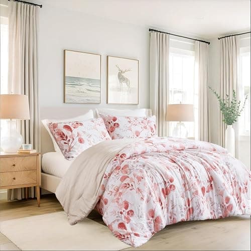Regency Heights Lightweight Seersucker Botanical Comforter Set Queen Size, Reversible Design with Striped Print, Premium Microfiber Bedding Set, Comforter and Sham Set, Pink - Image 1