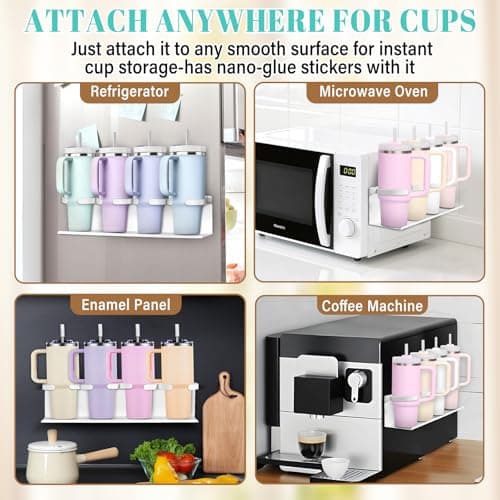 Magnetic Cup Holder for Fridge,8 Cups Water Bottle Organizer for Stanley 30 40 oz with Tumbler Lid Organizer,High Capacity Heavy Duty Kitchen Storage Rack Accessories - Thumbnail 2