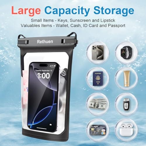 Rethuen Large Floating Waterproof Phone Pouch, 2Pack Cell Phone Dry Bag for iPhone 17 16 15 14 13 Pro Max Galaxy S24 S23 S22 All Phones, Float Water Proof Bag for Beach Water Park (Black + Pink) - Thumbnail 2