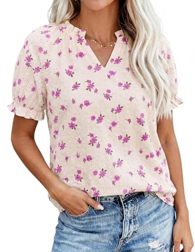 PRETTYGARDEN Summer Short Sleeve V Neck Shirts for Women 2026 Trendy Floral Print Loose Ruffle Tops Business Casual Blouses (Small Purple Flower,XX-Large) - Image 1