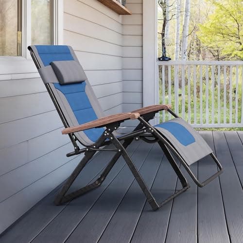 PURPLE LEAF Extra Wide Outdoor Reclining Chair Patio Zero Gravity Chaise Lounge Folding Chair with Quilted Cushion Adjustable Headrest for Lawn Camping Beach Pool Grey and Navy Blue - Image 1