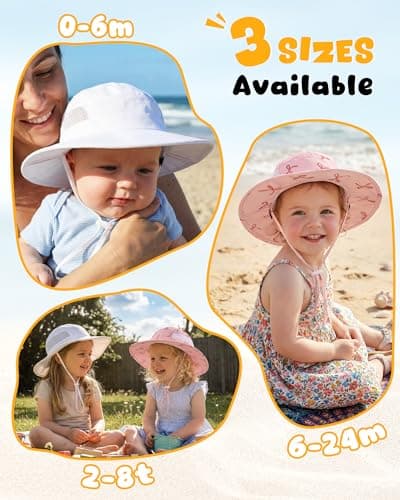 Sun Hat for Baby Boys Girls Toddler and Kids UPF 50+ with Bucket Wide Brim Summer (US, Age, 6 Months, 24 Months, White + Pink Bow) - Thumbnail 6