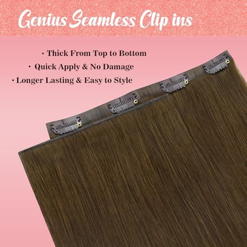 Ve Sunny Brown Hair Extensions Clip ins Human Hair Invisible Seamless Real Hair Extensions Genius Human Hair Clip in Extensions Full Head 20 inch 120g - Thumbnail 6