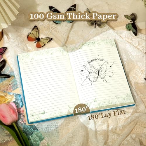 MINICAGIE Embroidered Fabric Journal for Women A5 Hardcover College Ruled Notebook with Gift Box Butterfly Floral Journaling Notebooks for Writing, 5.7 x 8.3 In, Blue - Thumbnail 4