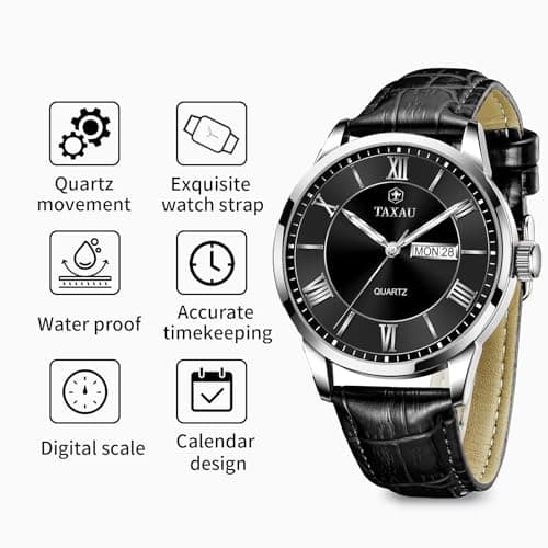 Taxau Mens Watch Black Leather Band Waterproof Watches for Men Casual Analog Quartz Dress Watch Large Face Men's Wrist Watch Classic Luxury Watches with Day Date Luminous - Thumbnail 2
