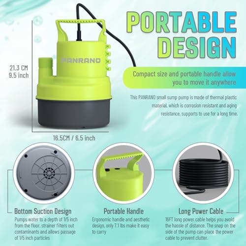 PANRANO 1 HP Submersible Water Pump 3500 GPH Portable Small Sump Pump For Pool Cover, Basements, Puddles, Gardens Ponds With 16.4 Ft Power Cord and Hose Adapters, Yellow - Thumbnail 4