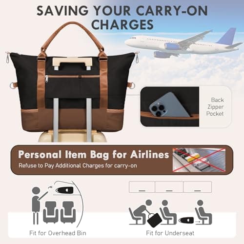 WOOMADA Weekender Overnight Bag for Women, Carry on Shoulder Travel Duffel with Shoes Compartment,Gym Bag with Toiletry Bag(black&coffee&brown) - Thumbnail 6