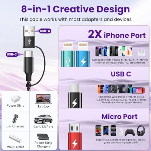 Travel 4 in 2 Multi Charging Cable, USB A/C Charging cords with Dual Lightning/Type-C/Micro USB, Universal iPhone Charger Cord for iPhone Series/Androids/Tablets, Multi Charger Cable (2Pack, 5FT) - Thumbnail 4