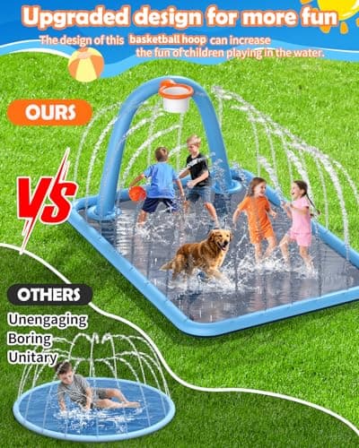 Octaplay Splash Pad for Kids & Dogs, 102x87'' Large Sprinkler Pad Water Toys with Basketball Hoop, Thickened Non-Slip Splash Mat, Foldable Play Pool & Outdoor Summer Toys Ages 4-12 (110" Splash Pad) - Thumbnail 2