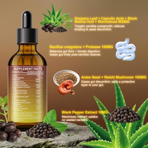 Candida Cleanse Detox for Women & Men - Gut & Parasite Cleanse with Caprylic Acid, Oregano, Black Walnut - Candida Support & Overgrowth Balance, Drops for Gut, Digestive & Immune Support (2 Fl Oz) (3) - Thumbnail 2