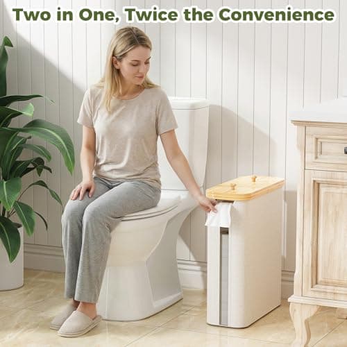 42L Toilet Paper Basket with Bamboo Lid, Toilet Paper Storage with Toilet Paper Holder & Non-Slip Mat for Bathroom Organizer, Holds up to 19 Regular Rolls or 14 Mega Rolls, Collapsible & Stackable - Thumbnail 5