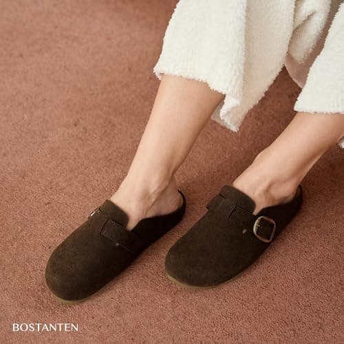 BOSTANTEN Clogs for Women Wide Width Comfortable Suede Mules with Soft Footbed and Arch Support, Cute Slip On Potato Shoes Coffee - Thumbnail 2
