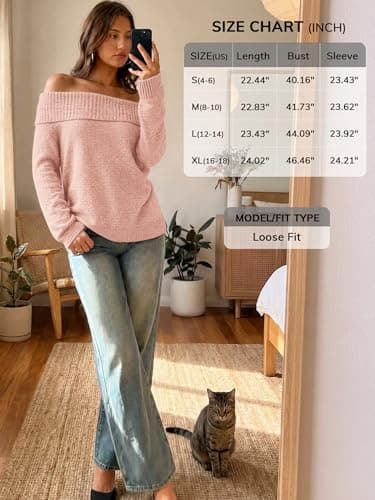 ATHMILE Pink Off the Shoulder Sweater Womens Oversized Spring Tops Batwing Sleeve Loose Pullover Fall Winter Outfits - Thumbnail 6