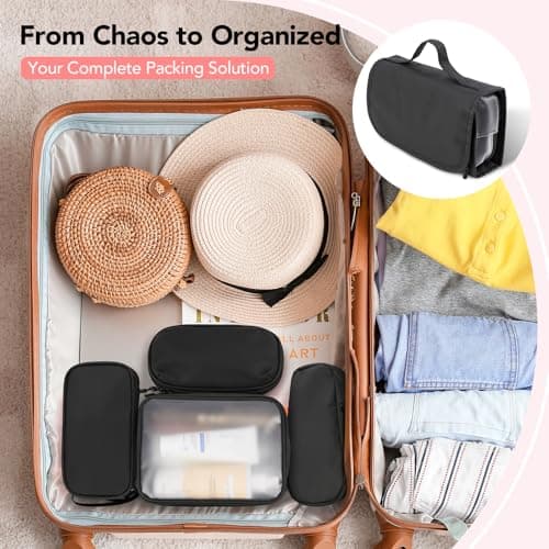 Idcymoul Travel Toiletry Bag 5-Piece Kit, Hanging Toiletries Bag+TSA Approved Cosmetic Bag+Jewelry Bag+ Brush Bag+Cable Bag, Professional Travel Essentials Accessories Organizer for Women- Black - Thumbnail 2