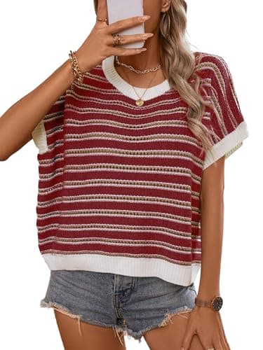RICHSTORY Womens Spring Fashion 2026 Casual Sleeveless Crew Neck Striped Sweater Vest Cap Sleeve Lightweight Hollow Out Knit Pullover Sweaters Tunic Tops Red Large - Image 1