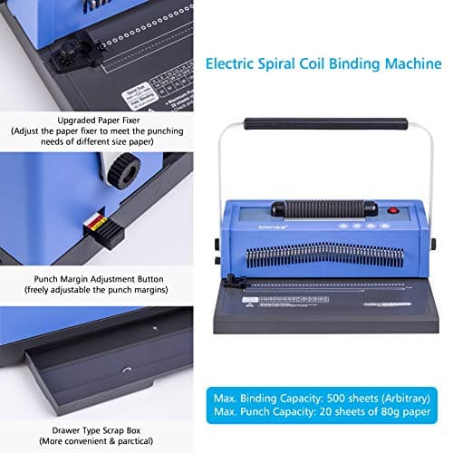 TIANSE Spiral Coil Binding Machine, Manual Book Maker Punch Binder with Electric Coil Inserter, Disengaging pins, Adjustable Side Margin, Comes with 100pcs 5/16'' Plastic Coil Binding Spines & Plier - Thumbnail 5