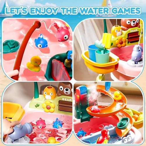 Ploomi 2026 Upgraded Water Table for Toddlers 1-3 - Outdoor Toys for Kids Ages 4-8 with Pump, Summer Outside Sensory Activity Pool Toys, Kitchen Play Sink Toy with Running Water, Fishing Toy, Pink - Thumbnail 3