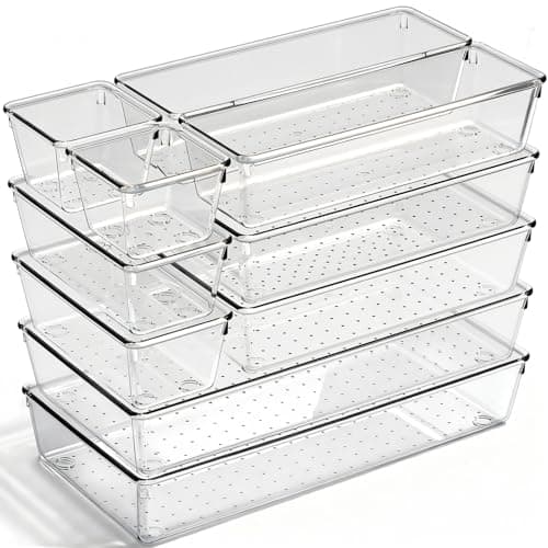 CHOWAY Drawer Organizer, 10 Pack Large Clear Plastic Organizer Bins 5 Sizes, Versatile Bathroom Drawer Trays, Heavy Duty Non‑Slip Drawer Dividers for Makeup, Office & Kitchen Utensils
